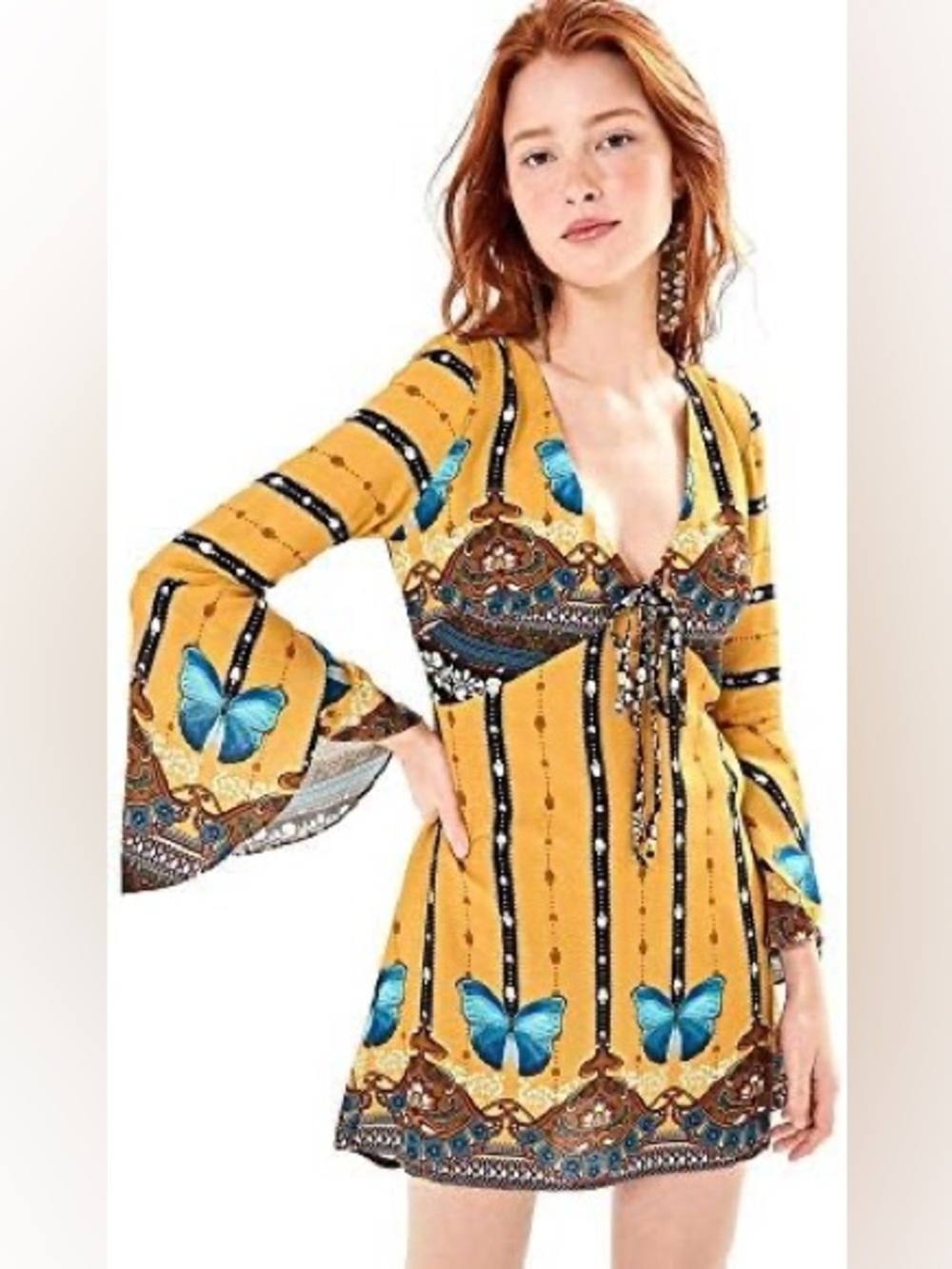 Farm Rio Brazil Mustard Yellow Butterfly Tie-Front Boho Women's Dress - Picture 2 of 11